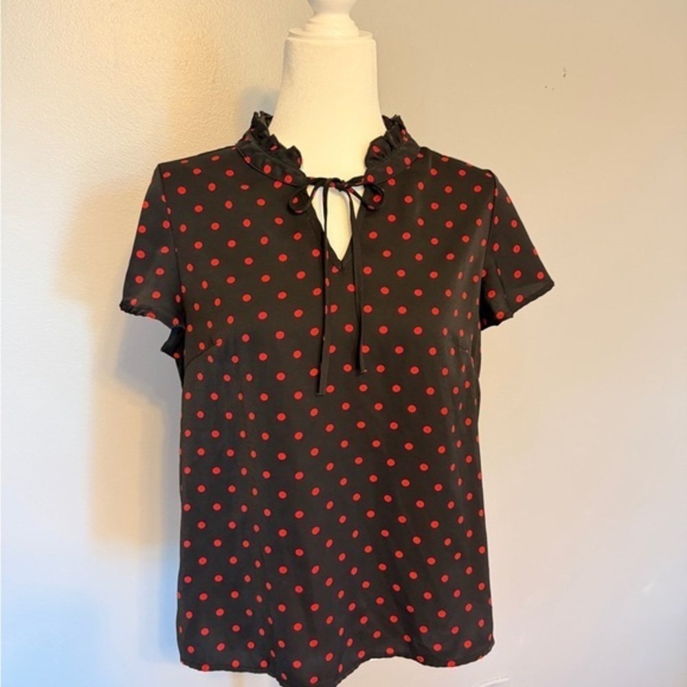 Elegant Black Blouse with Red Polka Dots